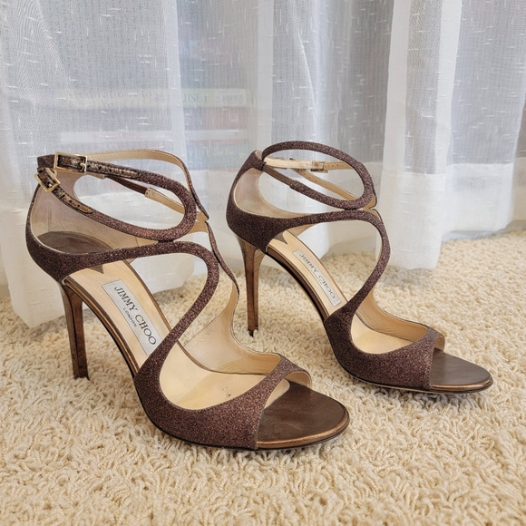 Jimmy Choo Bronze Paloma Lang 110 Glitter Sandals Size 10 - Picture 2 of 15
